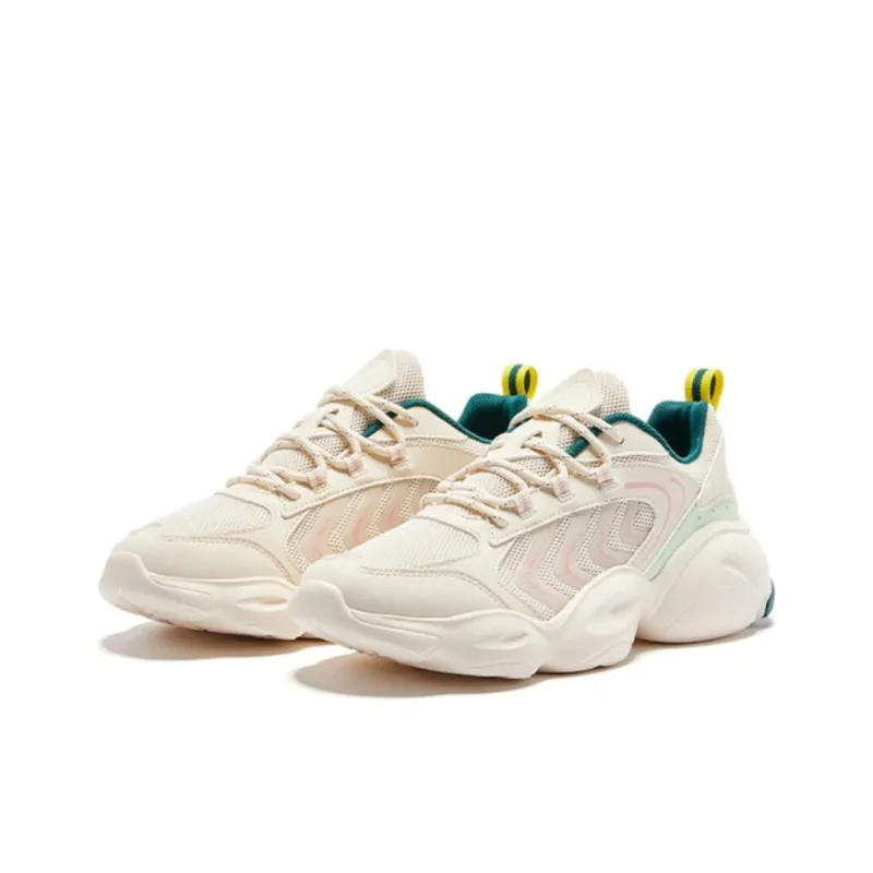 QIAODAN Anti Slip Wear Resistant Low Top Chunky Sneakers Women's Beige Green-2