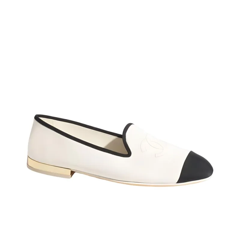 CHANEL Cc Loafers White Black Lambskin Women's-1