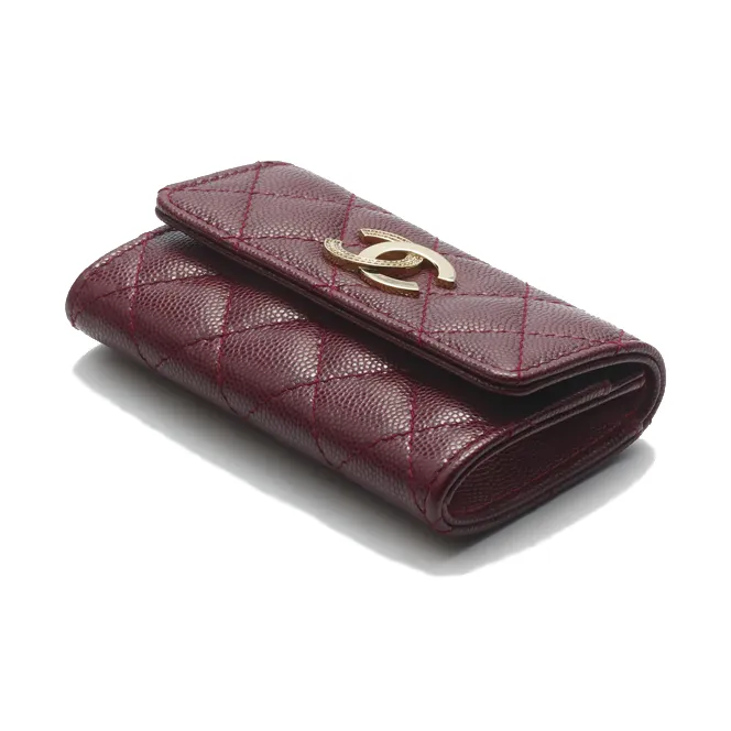 CHANEL Shiny Grain Embossed Caviar Calfskin Card Holder Women's Burgundy-1