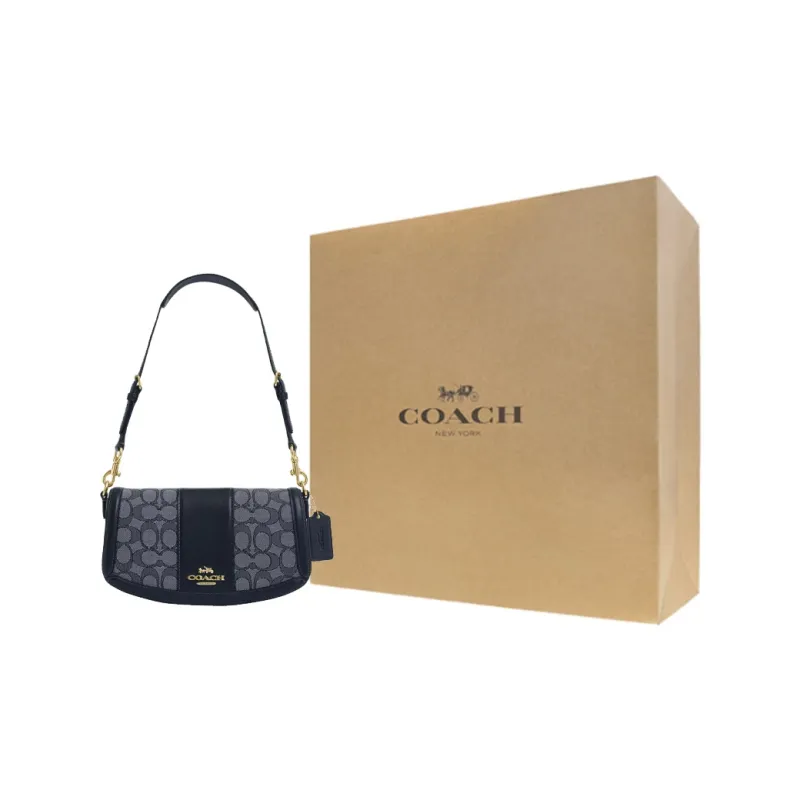 COACH Cow Leather With Jacquard Handbag, Shoulder Bag Women's Midnight Marine Blue-0