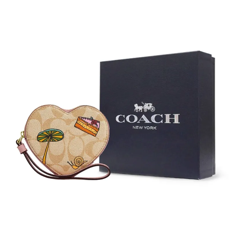 COACH Observed By Us Collaboration Heart Artificial Leather Coin Purse Mini Women's Light Khaki & Light Pink-3