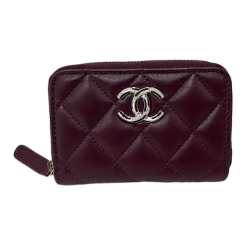 CHANEL Leather Coin Purse Women's Dark Red