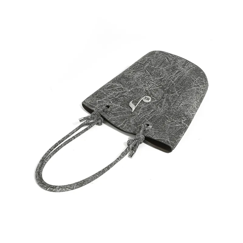 KKA PU Laminated Textile One Shoulder Handbag Crossbody Bag Women's Dark Gray/Black-5