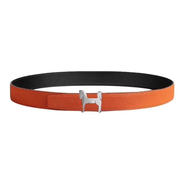 HERMES Double-Sided Design Smooth Buckle Calfskin Stainless Steel Leather Belts Men's Black/Orange Width: 3.2CM-1