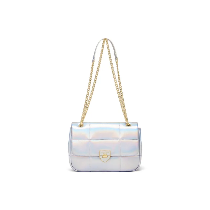 CNOLES Cow Leather Handbag, Shoulder Bag, Crossbody Bag, Small Square Bag Regular Women's Shimmering Silver-0