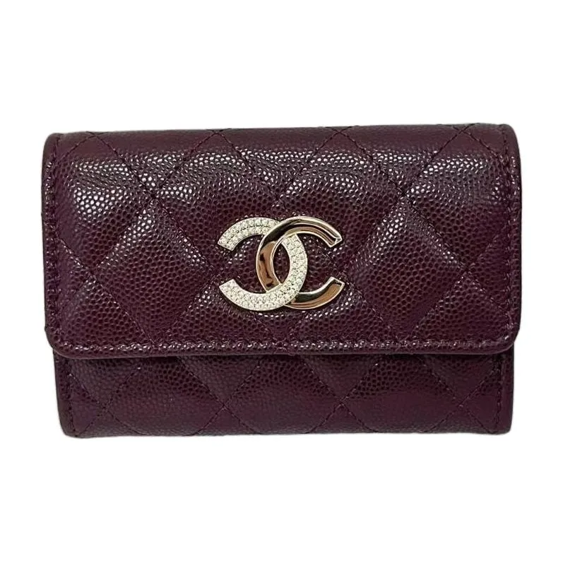 CHANEL Caviar Cow Leather Wallet Women's Burgundy-0
