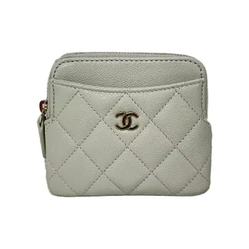 CHANEL Grain Cow Leather Clutch Card Holder, Wallet Women's Gray White