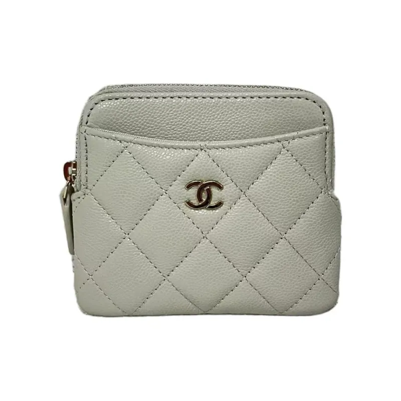 CHANEL Grain Cow Leather Clutch Card Holder, Wallet Women's Gray White-0