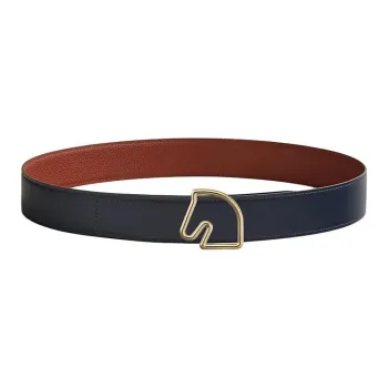 HERMES Tete De Cheval Smooth Buckle Calfskin, Brass Leather Belts Men's Blue Width 3.8CM