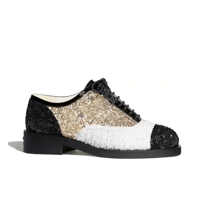 CHANEL Casual Single Shoes Women's Sequins White Gold-1