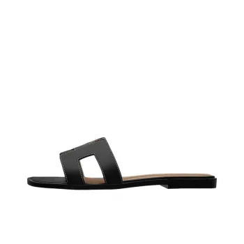 HERMES Oran Stitching Slide Slippers Women's Black Brown