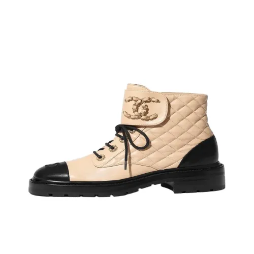 CHANEL Quilted Lace Up Combat Boot Beige Leather