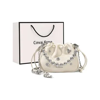 Simvay Clos Cow Leather With Synthetic Leather Bucket Bags One Shoulder Handbags Small Size Women's White/Black/Silver