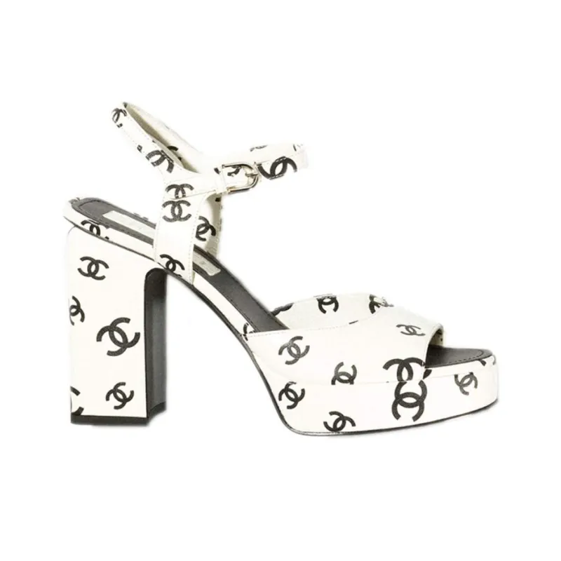 CHANEL Cc 105mm Heeled Sandal White Leather Women's-1