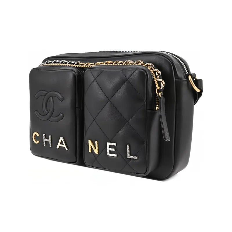 CHANEL Calfskin Camera Bag, One Shoulder Crossbody Clutch Trumpets Women's Black-1
