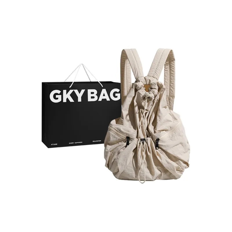 GKY PU Casual Versatile Pleated Backpack Students Unisex Beige/Blue/Black-0