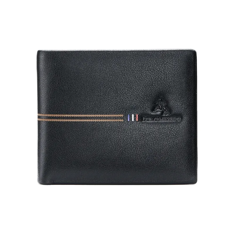 POLOMEISDO Top Grain Cow Leather Men's Practical Wallet Regular Men's Black Customizable Exclusive Greeting Card-0