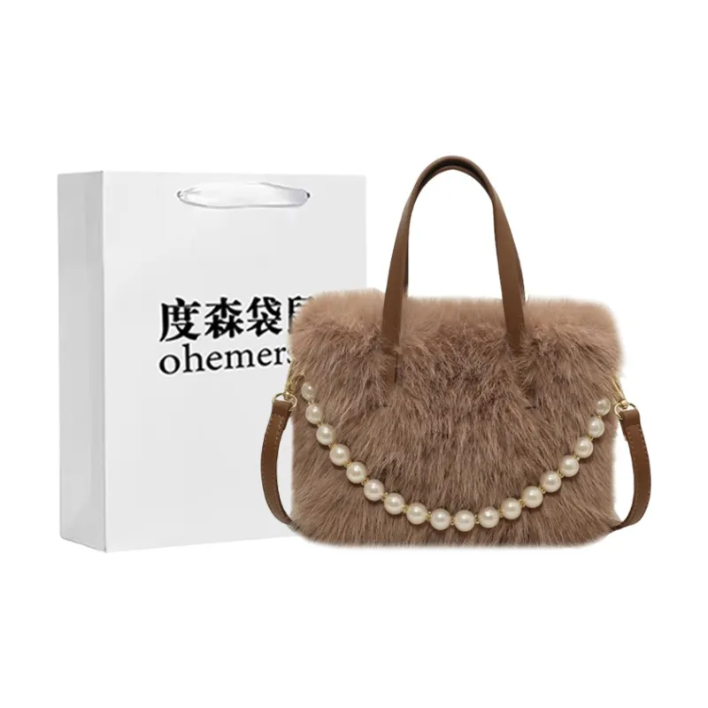 Dusen Kangaroo Plush Shoulder Bag, Crossbody Bag, Handbag Women's Ecru/Black/Coffee-7