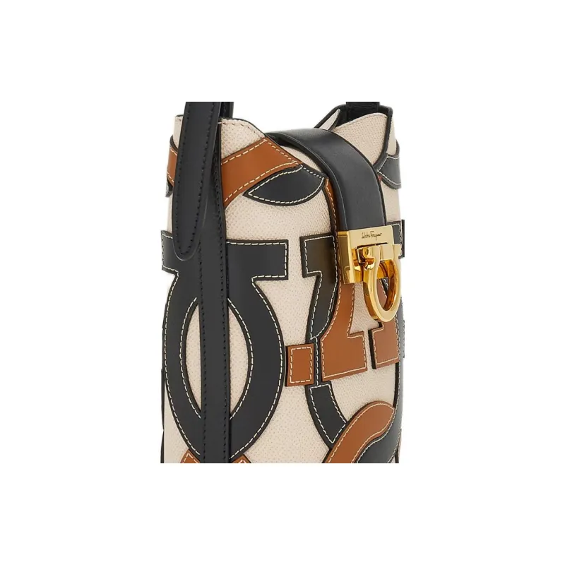 FERRAGAMO Trifolio Cow Leather Portable Crossbody Bag, Shoulder Bag Women's Bone Black-4