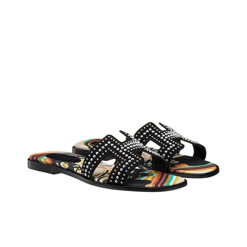 HERMES Oran Stylish Sandals Women's Black Stud-2