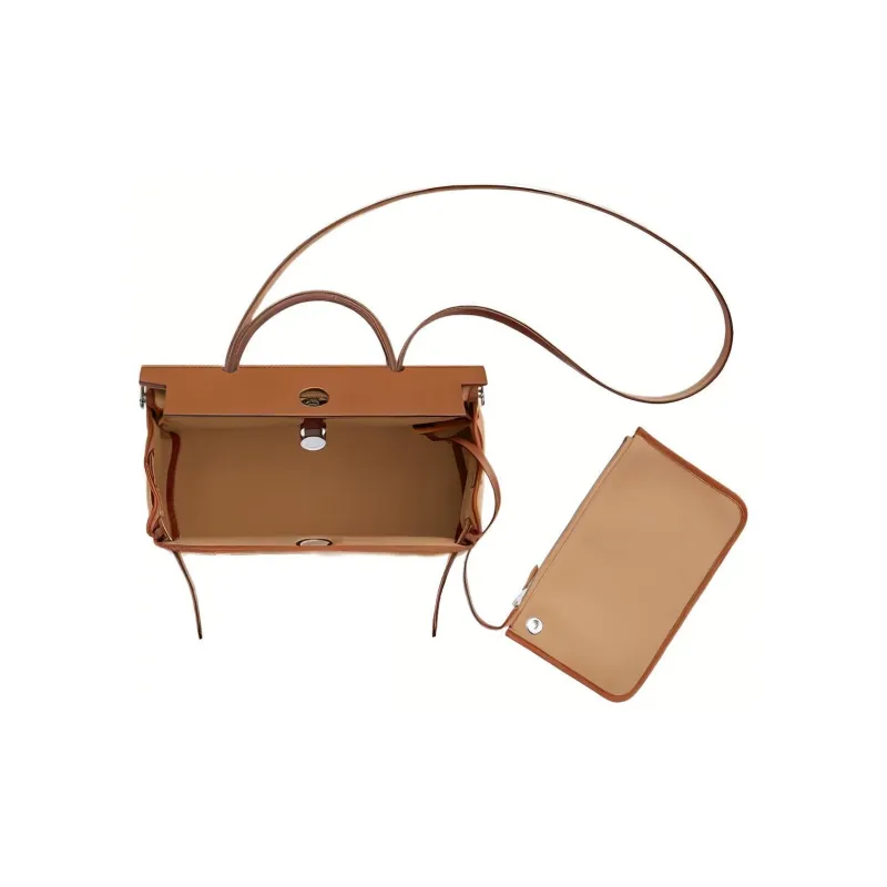 HERMES Herbag Cow Leather Shoulder Bag Crossbody Bag Handbag Unisex Milk Tea Beige/Light Tawny-2