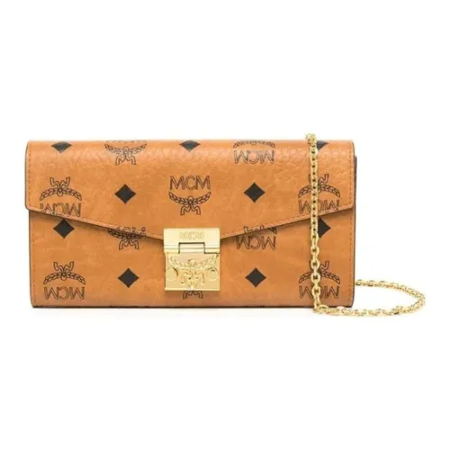 MCM Tracy Visetos Canvas With Leather Shoulder Bag, Crossbody Bag, Wallet Large Size Women's Cognac