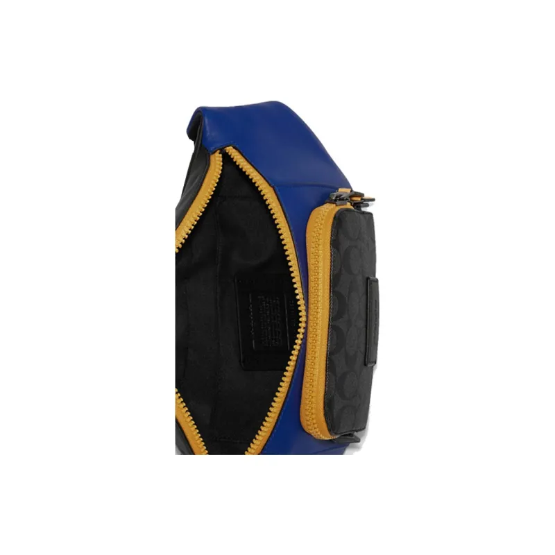 COACH Cow Leather Sling Bags One Shoulder Crossbody Fanny Pack Large Size Men's Black & Blue & Yellow-3