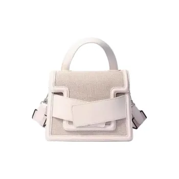 BOB ORE BLUE COLLECTION Genuine Leather With Canvas Shoulder Bag Crossbody Bag Handbag Medium Size Women's White