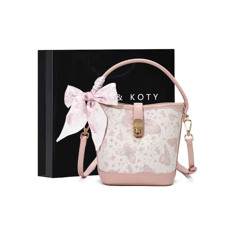 Carit&Koty Polyurethane Bonded Synthetic Leather Bucket Bag Crossbody Handbag Women's Gray/Pink-8