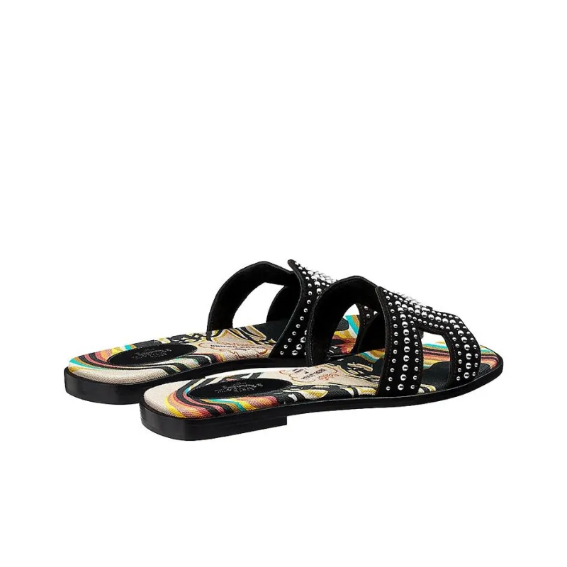 HERMES Oran Stylish Sandals Women's Black Stud-3