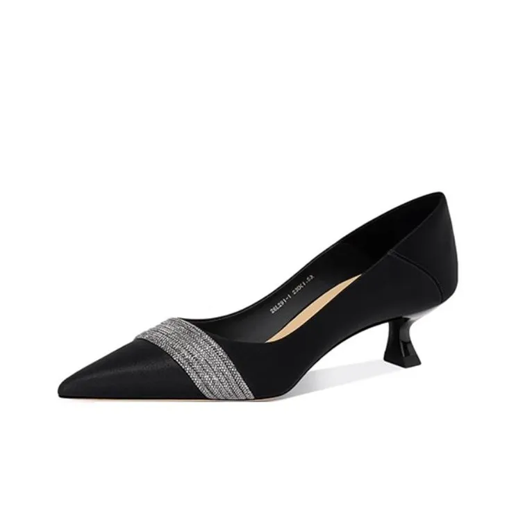 JESSICA SOPHIA Sexy Pointed Toe Cat Heel Shoes Casual Single Shoes 4cm Women's Black-0