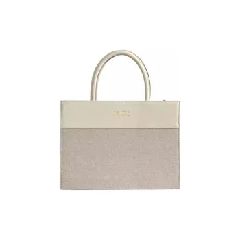 BOB ORE BLUE COLLECTION Genuine Leather With Canvas Tote Bag Shopping Bag Handbag Large Size Women's White
