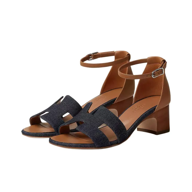 HERMES Encens One Strap Sandals 5cm Women's Dark Blue-2