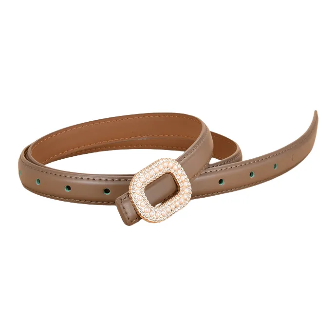 Emperor Penguin Inlay Pearl Rhinestone Round Buckle Decoration With Smooth Buckle Belt Leather Belts Women's 1.8cm-15