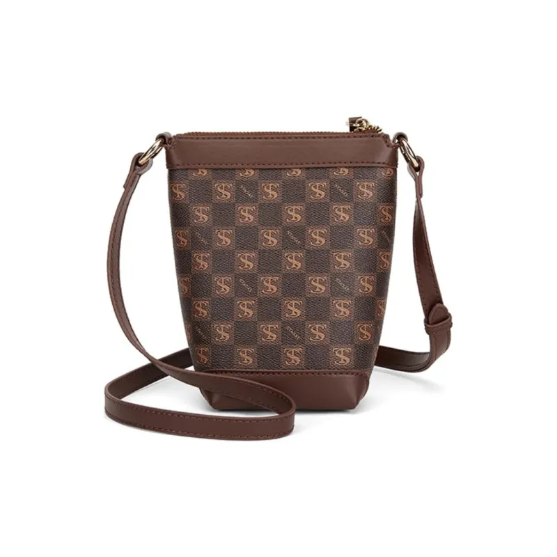 ST&SAT PVC Cell Phone Pouch Bucket Bag Shoulder Bag Crossbody Bag Small Size Women's Khaki/Coffee-7
