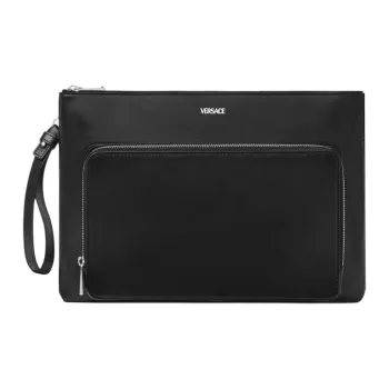 VERSACE Leather Clutch Large Size Men's Black & Silver