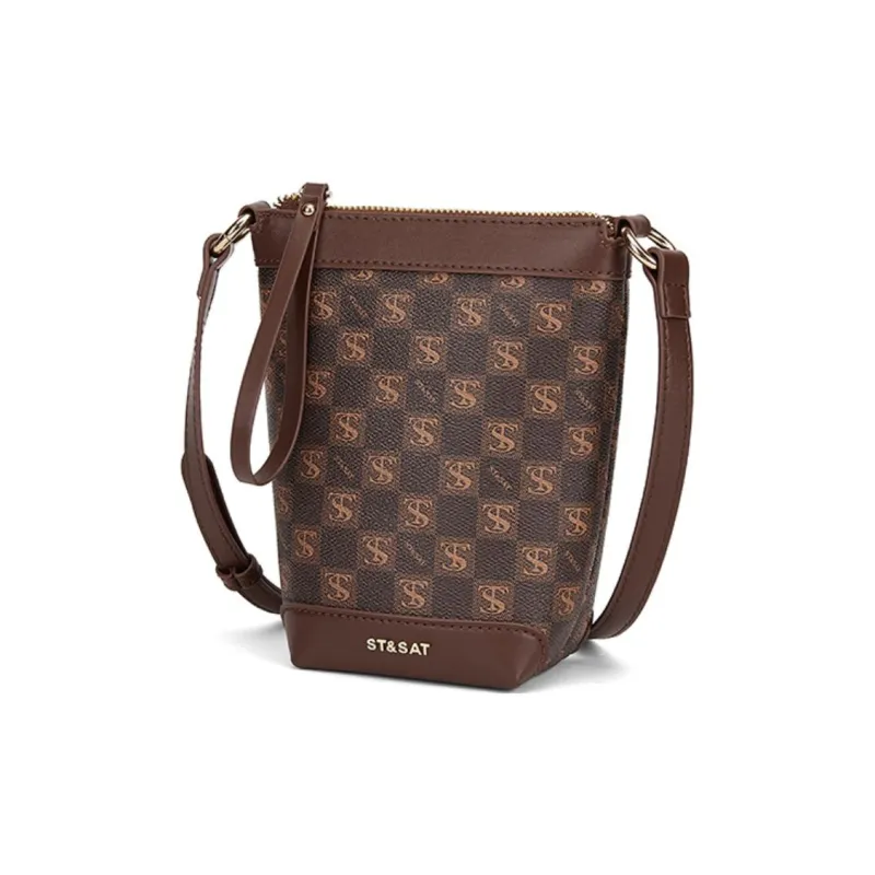 ST&SAT PVC Cell Phone Pouch Bucket Bag Shoulder Bag Crossbody Bag Small Size Women's Khaki/Coffee-6