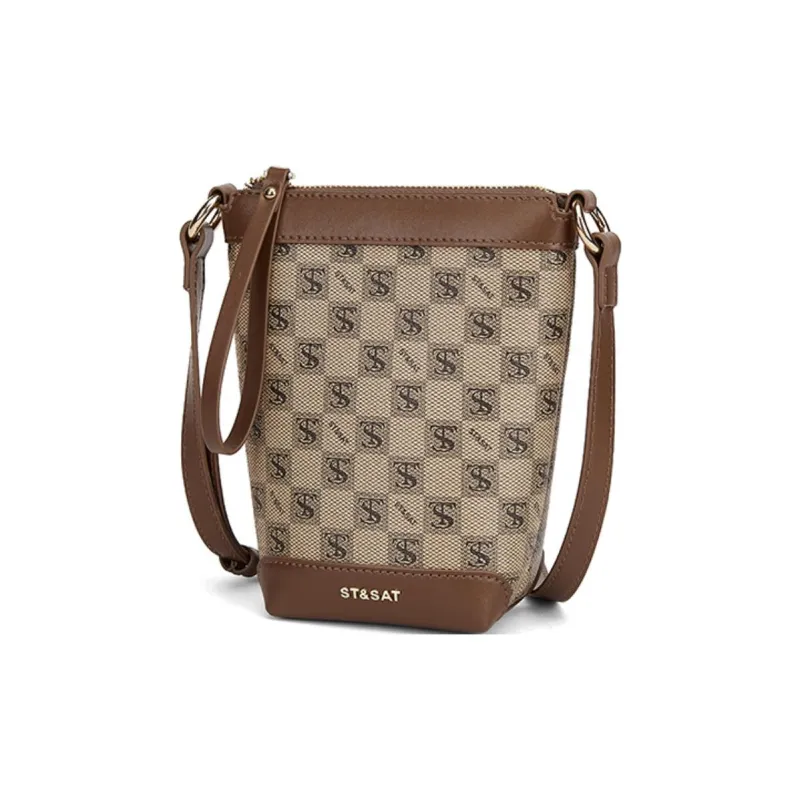 ST&SAT PVC Cell Phone Pouch Bucket Bag Shoulder Bag Crossbody Bag Small Size Women's Khaki/Coffee-2