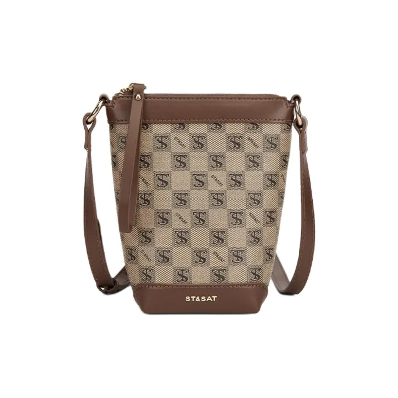 ST&SAT PVC Cell Phone Pouch Bucket Bag Shoulder Bag Crossbody Bag Small Size Women's Khaki/Coffee-1