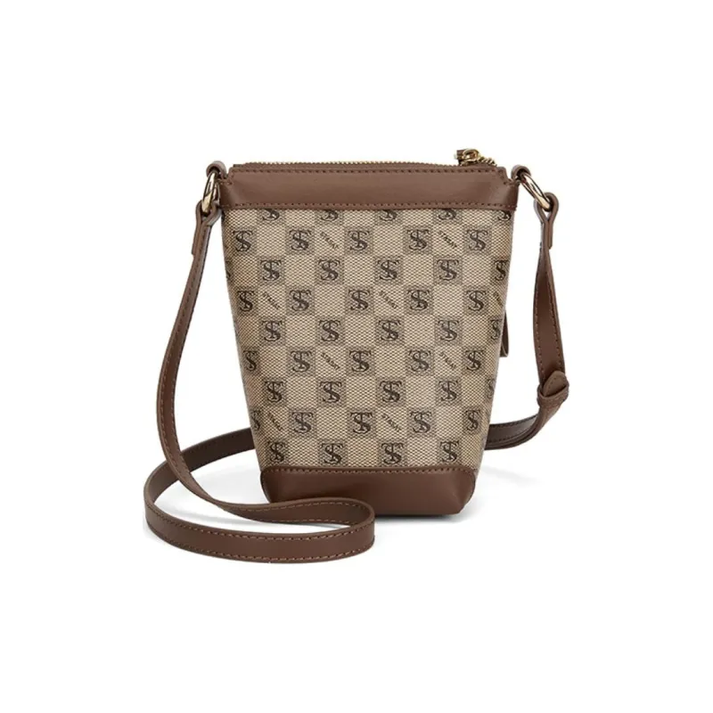 ST&SAT PVC Cell Phone Pouch Bucket Bag Shoulder Bag Crossbody Bag Small Size Women's Khaki/Coffee-3