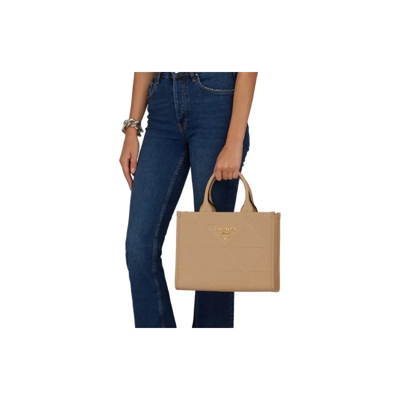 PRADA Leather Tote Bag Shopping Bag Handbag Medium Size Women's Beige Yellow-6