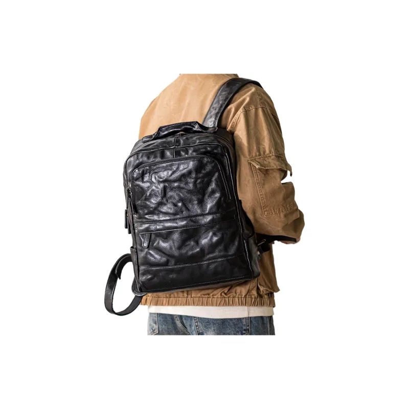 Back Step Cow Leather Double Shoulder Computer Travel Bag Large Size Unisex Black-5