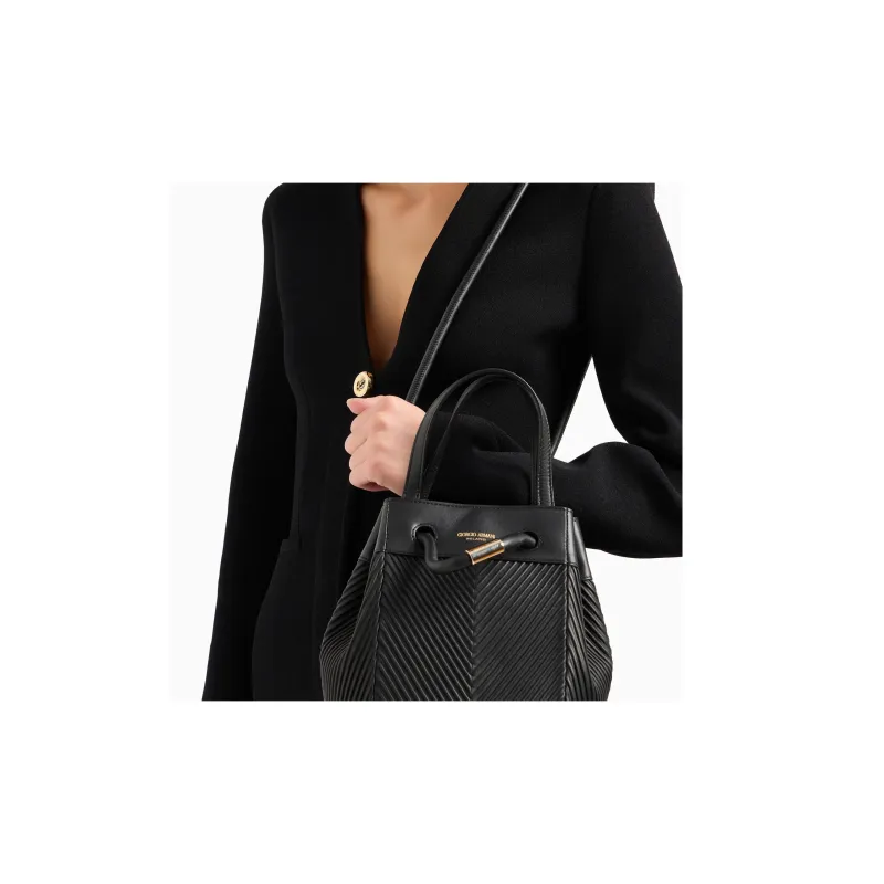 GIORGIO ARMANI Pleated Nappa Leather Bucket Bags Shoulder Bag Crossbody Bag Handbag Small Size Women's Black-5