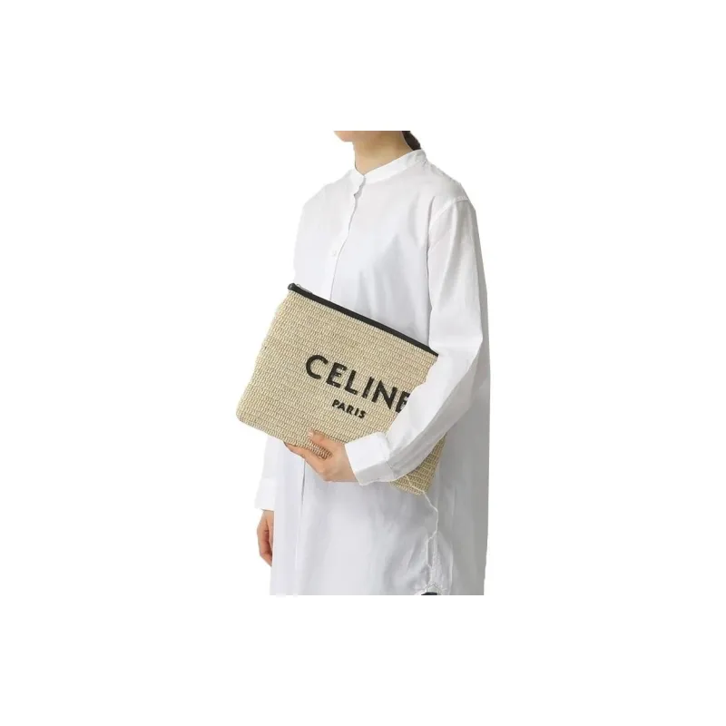 CELINE Plant Material And Cow Leather Clutch Tubas Women's Natural & Black-3