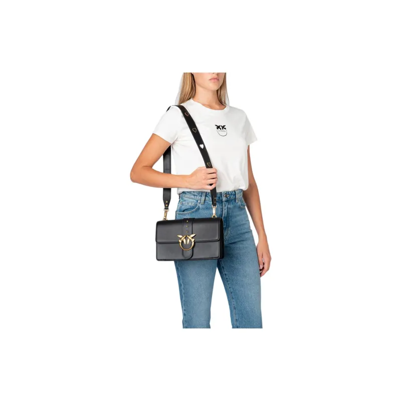 PINKO Cow Leather Swallow Bag, Small Square Bag, Shoulder Bag, Crossbody Bag Medium Size Women's Black-5