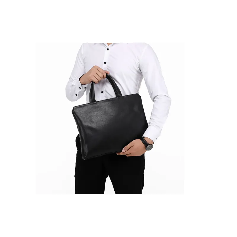 PULUWIRR Cow Leather Briefcases Handbags Regular Unisex Black-1