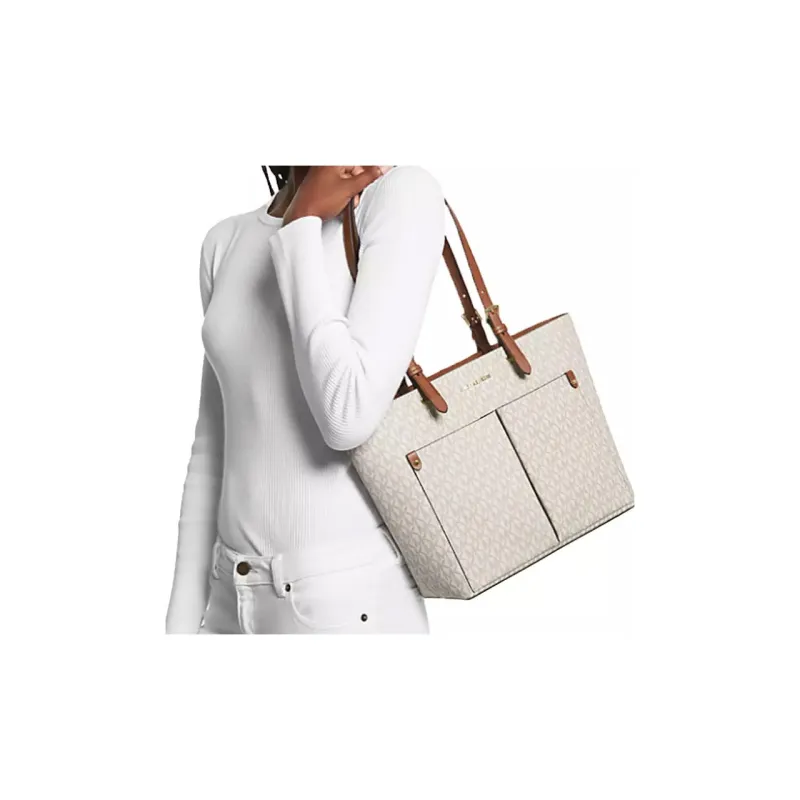 MICHAEL KORS Jet Set Coated Canvas Tote Bag Shopping Bag Shoulder Bag Handbag Medium Size Women's Vanilla White & Brown-4