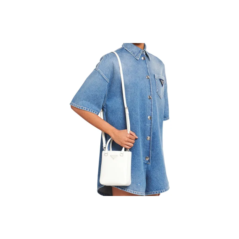 PRADA Leather Tote Bag Shopping Bag Handbag Small Size Women's White-5