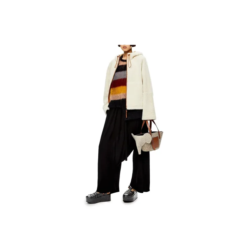 LOEWE Elephant Basket Felt With Calfskin Tote Bag Shopping Bag Shoulder Bag Handbag Women's Beige/Brown-3