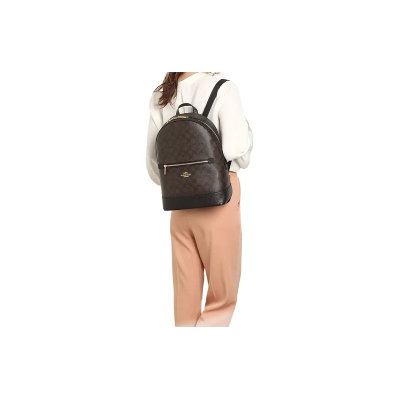 COACH Kenley Coated Canvas With Cross Grain Leather Backpack Medium Size Women's Dark Brown & Black Multicolor-3